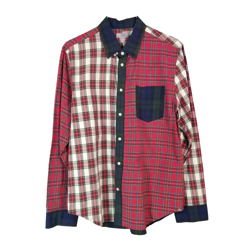 JCPenney Button Up Mens L Red Crazy Plaid Oxford Shirt Patchwork 80s Vtg Style